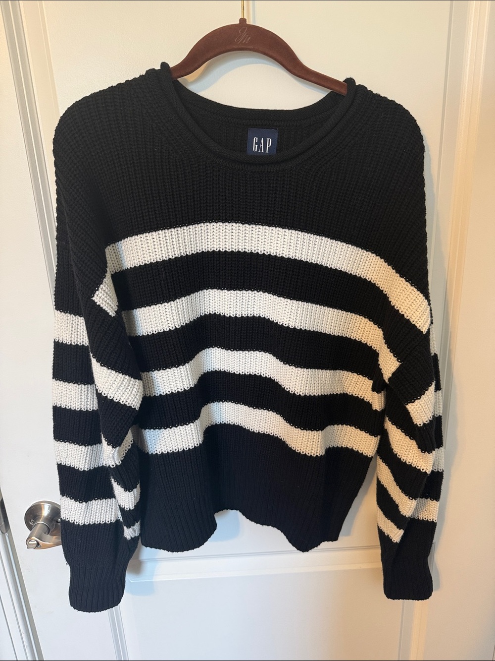 GAP Black White Striped Chunky Knit Sweater Cotton Crewneck Coastal Size M - Picture 2 of 3